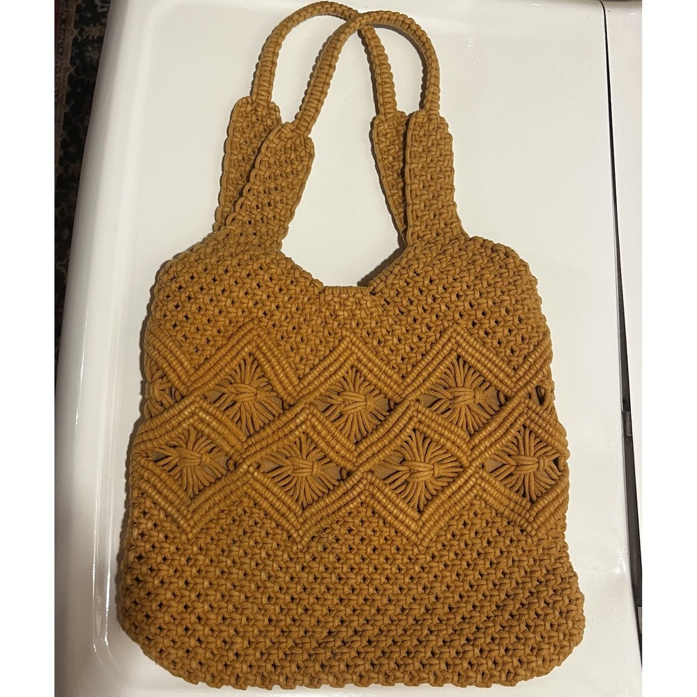 Nanette Lepore Macrame Woven Shoulder Bag Purse Wheat Brown Boho Geometric